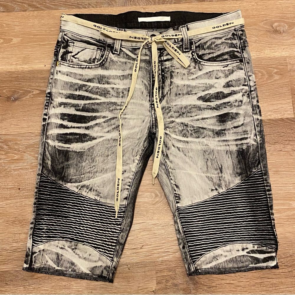 Golden Denim 32 Distressed Acid Wash Moto Jorts Shorts Drawstring Streetwear - Picture 1 of 6